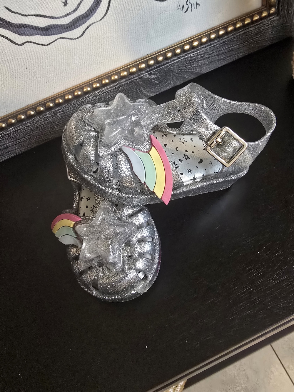 Mini Melissa Silver Glitter Jelly Sandals with Rainbow Star Charm